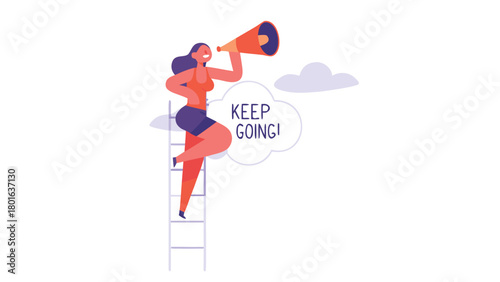 Whimsical character ascends a ladder through fluffy clouds reaching for a bright future symbolizing aspiration dreams and personal growth in a vibrant colorful illustration