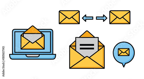 Digital communication icons: email, laptop, messages, and notifications