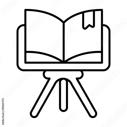 Book with bookmark on tripod stand thin line icon, book festival concept. Vector graphics. Textbook presentation, promotion sign on white background, style icon mobile or web design.
