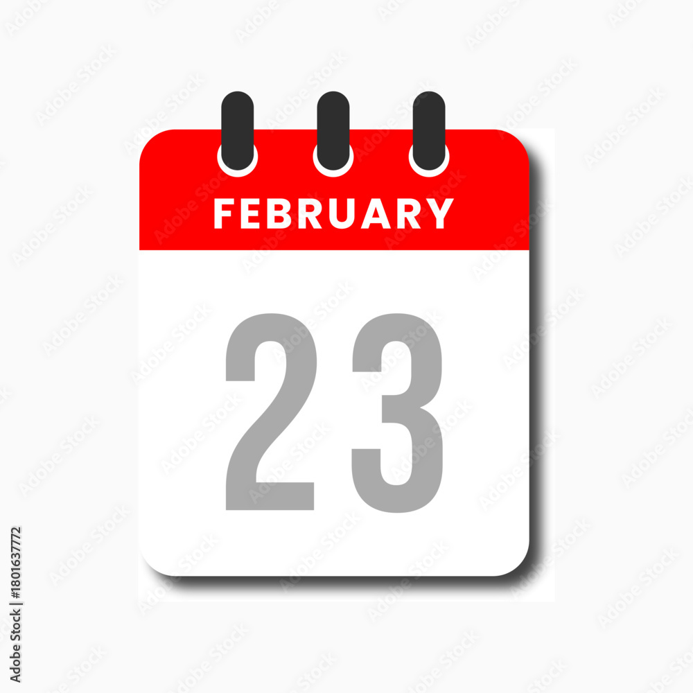 Fototapeta premium Flat red February 23 calendar icon in modern style, ideal for scheduling tools and planner UI layouts.