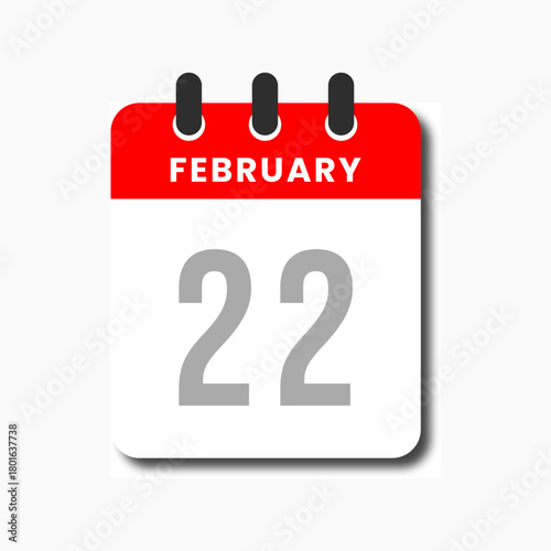Minimalist flat vector of February 22 red calendar icon, perfect for planner apps and productivity dashboards.