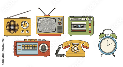 Collection of vintage electronic devices and an alarm clock, illustrating retro technology and communication tools.
