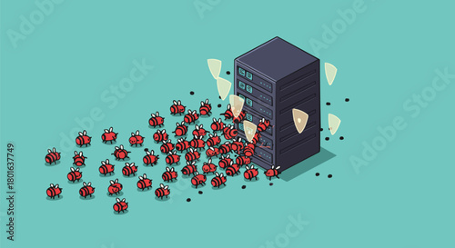 DDoS Attack and Server Hacking Isometric Vector, Malware Swarm Infecting Data Center, Cybersecurity and Network Protection Illustration