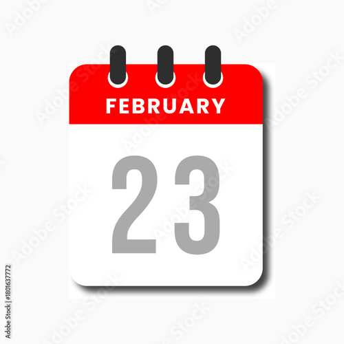 Flat red February 23 calendar icon in modern style, ideal for scheduling tools and planner UI layouts.