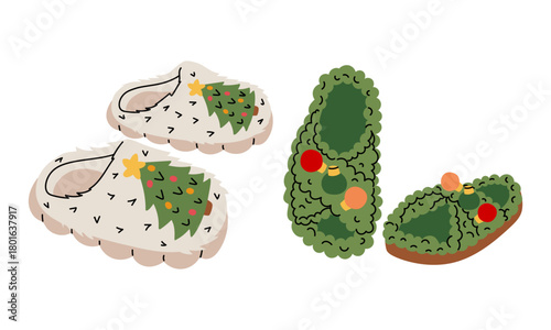 25A set of two pairs of Christmas-themed slippers. Fluffy white slippers with Christmas trees and green fluffy slippers decorated with Christmas balls. For winter clothing, stickers, holiday graphics