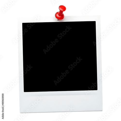 Blank instant photo frame pinned with red thumbtack isolated on transparent background