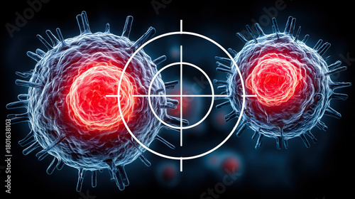 Immune cell targeting cancer cell with glowing red nucleus under crosshair, microscopic oncology concept showing cellular structure and medical research focus