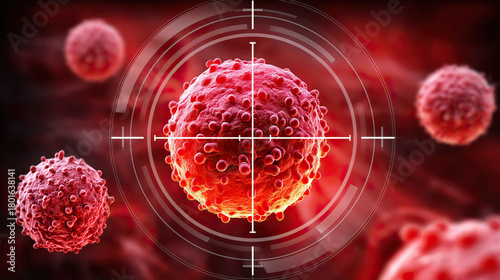 T cell with glowing edges aiming at cancer cell, immune cell targeting tumor under red background with crosshair and microscopic detail, dynamic intense medical concept