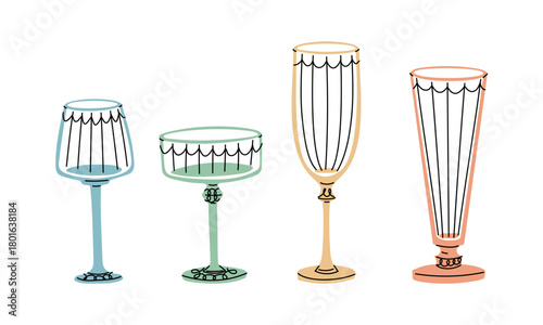 A set of decorative stemmed glasses in soft retro colors. Blue, green, beige and peach, unique shape for cocktails and champagne. For event planning, bar menu creation and nostalgic graphic design