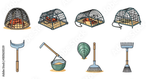 Illustration of fishing equipment: crab traps, clam rake, oyster rake, and clam hod.