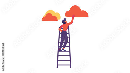 Creative character on a ladder painting colorful clouds symbolizing aspiration imagination and artistic expression for banners and advertisements