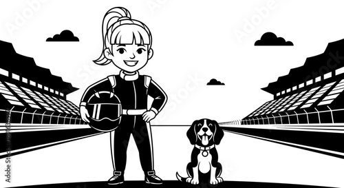 Joyful girl racer and happy dog at race track stadium