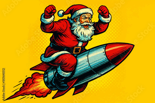 Santa Claus riding a rocket with fists raised, combining holiday cheer with speed and excitement. Generative ai vector colorful pop art illustration.