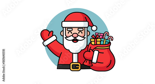 A charming cartoon illustration portrays a jolly Santa Claus in his classic red suit, happily waving with a large sack brimming with colorful Christmas gifts, evoking festive joy.