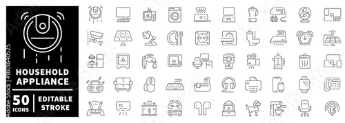 Household appliance icons set. editable line icons, flat, kitchen and home devices