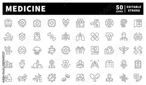 Medicine icons set. editable line icons in outline style, healthcare symbols