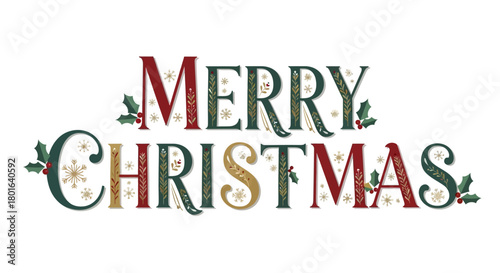 A beautifully designed 'Merry Christmas' text in traditional festive colors, adorned with elegant holly leaves and delicate golden snowflakes, ideal for holiday greetings.