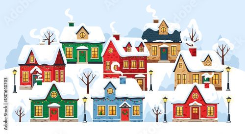 A charming illustration depicts a cozy, snow-covered village with colorful houses, bare trees, and glowing streetlights, perfect for festive winter holidays.