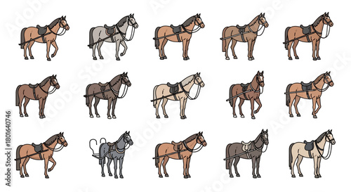 Collection of various cartoon horses in different colors wearing harnesses, depicted walking or standing in multiple rows.