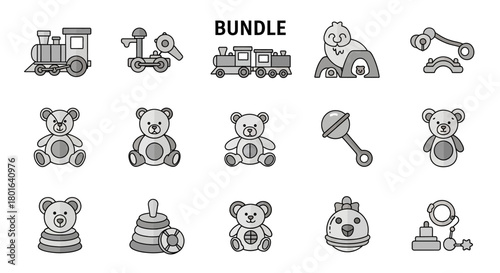 A collection of grayscale icons featuring various children's toys including trains, teddy bears, rattles, and stacking rings, presented as a bundle.
