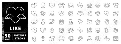 Love and social media icons set. editable line icons, outline, connection symbols