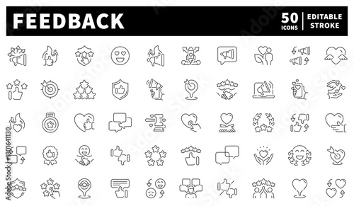 Feedback icons set. editable line icons, linear style comments and reviews