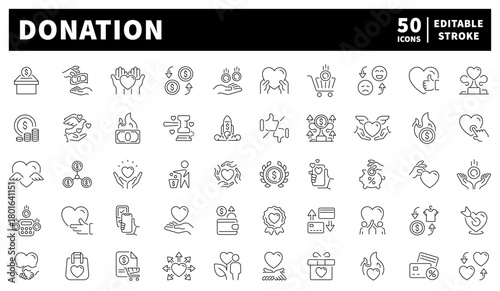 Donation and charity icons set. editable line icons, linear nonprofit symbols