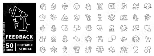 Feedback and communication line icons set. editable, linear, messaging and review symbols