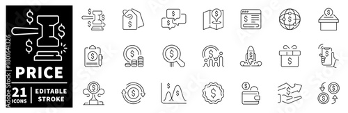 Price and finance icons set. editable line symbols for commerce and currency