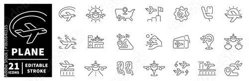 Airplane travel icons set. editable line icons, flat aviation and flight symbols