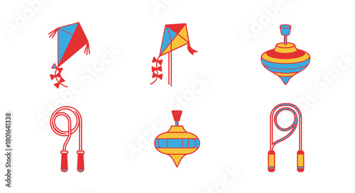 Illustration of kites and toys, including spinning tops and jump ropes, in a simple, colorful style.
