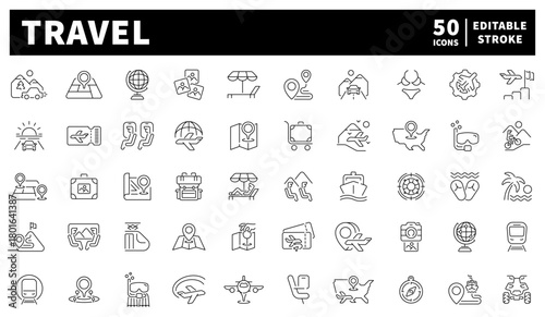 Travel and tourism icons set. editable line icons, linear, vacation symbols