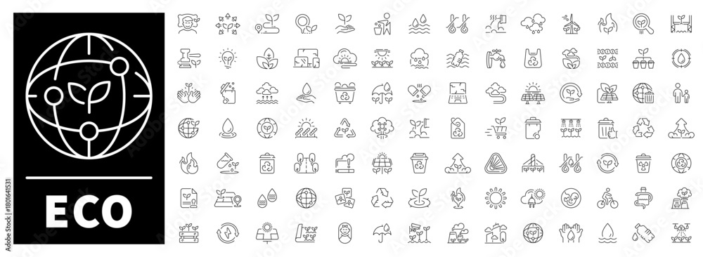 Fototapeta premium Eco and nature icons set. editable line icons, outline, environmental, green symbols
