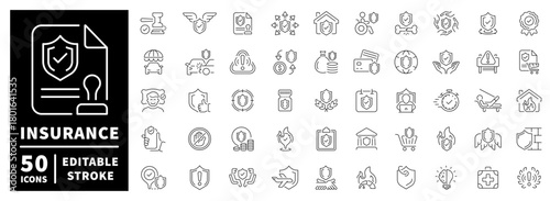 Insurance icons set. editable line icons, outline, protection, safety symbols