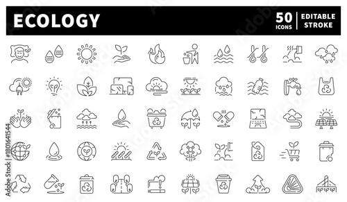 Ecology icons set. editable line icons, outline, nature and eco.friendly symbols