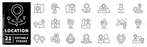Location and navigation icons set. line, editable line icons for maps and directions
