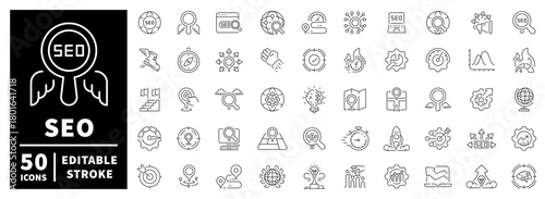 Seo and marketing icons set. editable line icons, analytics and strategy symbols