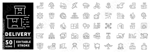 Delivery and shipping icons set. editable line icons, outline, logistics symbols