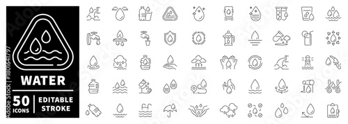 Water conservation icons set. editable line icons, outline, sustainability symbols