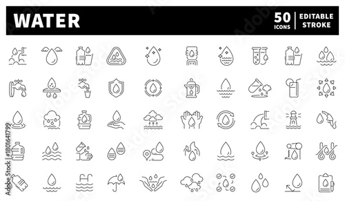 Water conservation icons set. editable line icons, outline, eco.friendly symbols