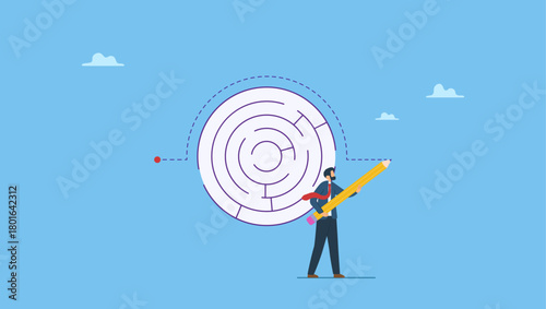 Businessman genius draw workaround line to solve labyrinth. Workaround or solution to bypass problem or difficulty, creativity to overcome obstacle or solving business problem, avoiding path.