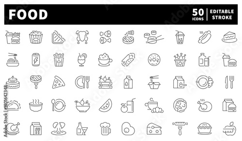 Food icons set. editable line icons, outline, culinary, drink and meal symbols
