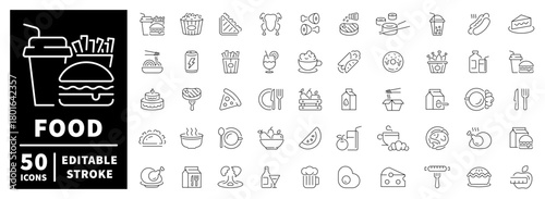 Food and beverage icons set. editable line icons, outline, culinary and dining symbols