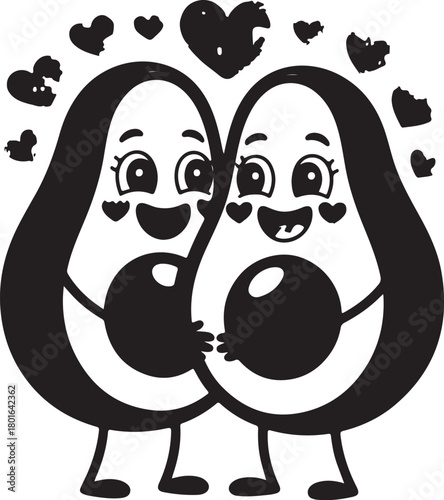 Cartoon avocado couples with hearts vector