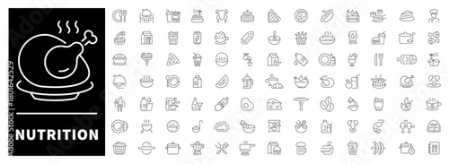 Nutrition icons set. editable line icons, outline, food and diet symbols