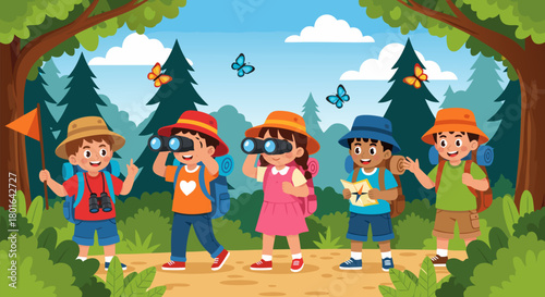Vector cartoon illustration of happy children explorers on a forest trail, scouting and observing nature with binoculars on a sunny day adventure. c