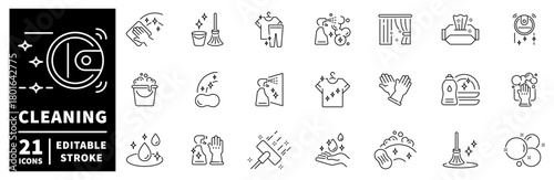 Cleaning and housework icons set. editable line icons, outline, hygiene symbols