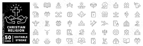 Christian religion icons set. editable line icons, outline, faith and worship symbols
