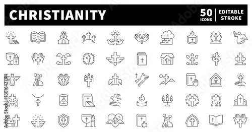 Christianity icons set. editable line icons, outline, spirituality and faith symbols
