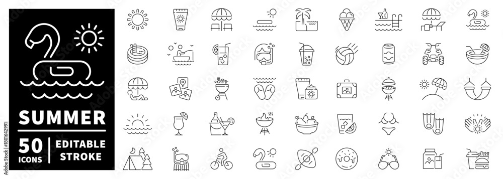 Obraz premium Summer and pool icons set. line, editable line icons, beach, vacation symbols